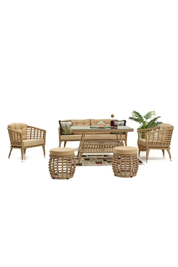 Linda Rattan Bahçe Balkon Oturma Grubu (3 1 1 Masa 2 Puf )